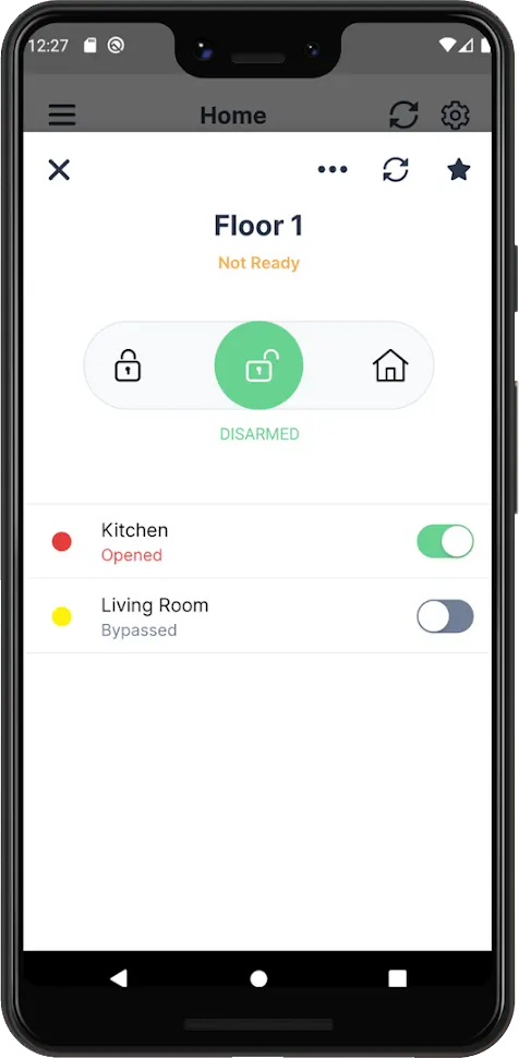 Smartphone screen displaying the 'Home' section of a security system app. The top of the screen shows 'Floor 1' and a status of 'Not Ready'. Below, there are status indicators: a red dot next to 'Kitchen' with the text 'Opened', and a yellow dot next to 'Living Room' with the text 'Bypassed'. In the center, a green circle with an unlocked padlock icon and the label 'DISARMED' suggests the security system is turned off. Icons for settings, notifications, and favorites are also visible at the top of the screen.
