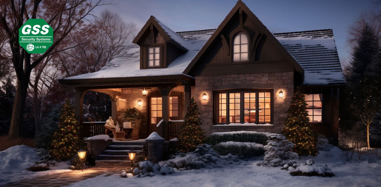 A secure, well-lit home on a winter evening, showcasing signs of security measures.