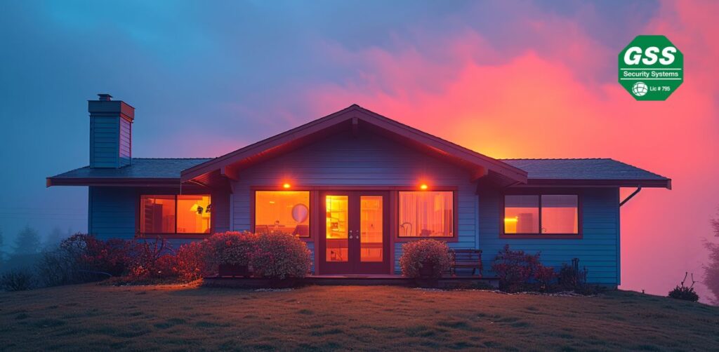 A welcoming home at twilight with an integrated modern security system.