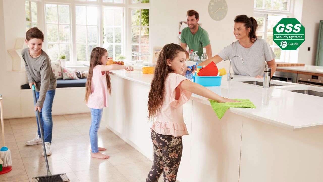 A cheerful family working together to clean the kitchen, with children sweeping, wiping counters, and organizing supplies, promoting teamwork and responsibility.