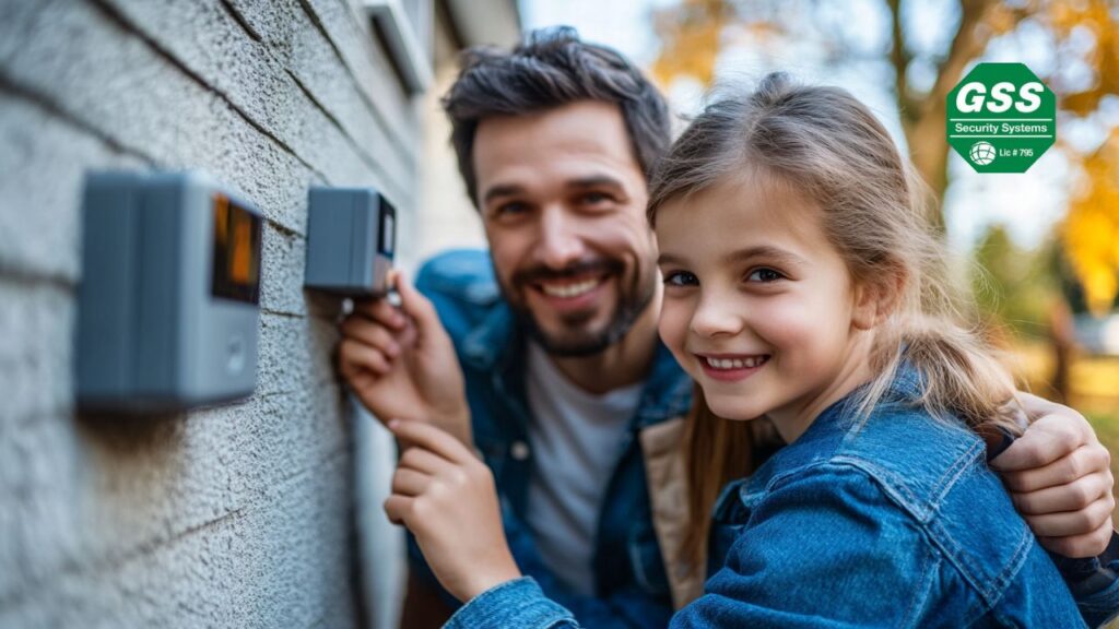 A smiling father and daughter installing a smart home security device on the exterior wall of their house, symbolizing teamwork and teaching safety.