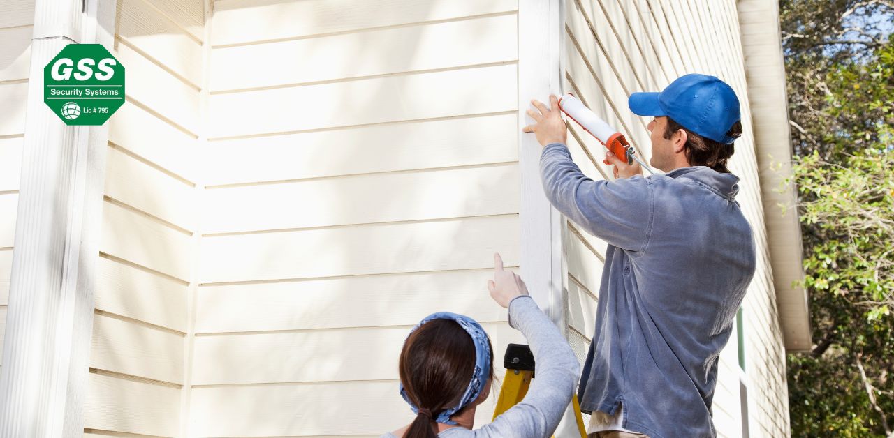 A person cleaning gutters on a sunny autumn day.