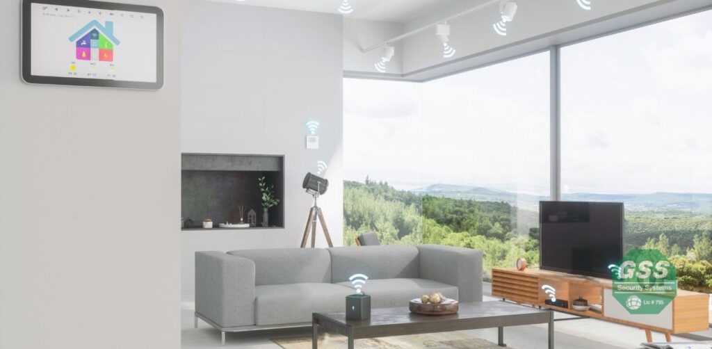 A modern living space protected by no-contract alarm monitoring.