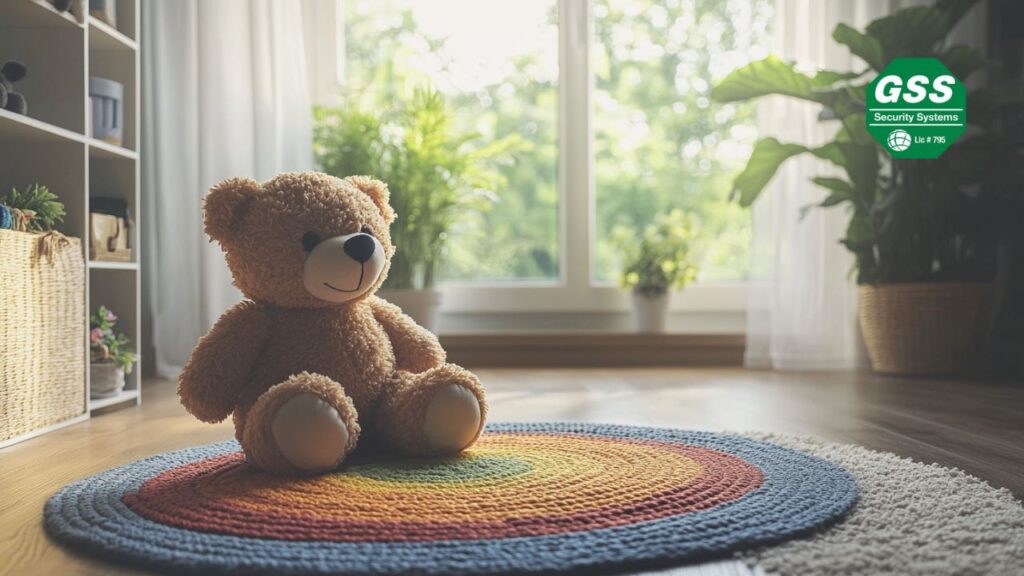 A cozy indoor setting featuring a teddy bear sitting on a colorful circular rug in front of a large window with natural light streaming in. Potted plants and a wicker basket add to the warm and child-friendly atmosphere. The GSS Security Systems logo is visible, emphasizing safety and home security for families with children.