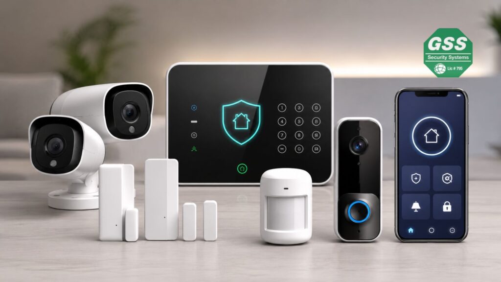 Cameras, sensors, keypad, and mobile app displayed together. Home Security Systems in Tulsa